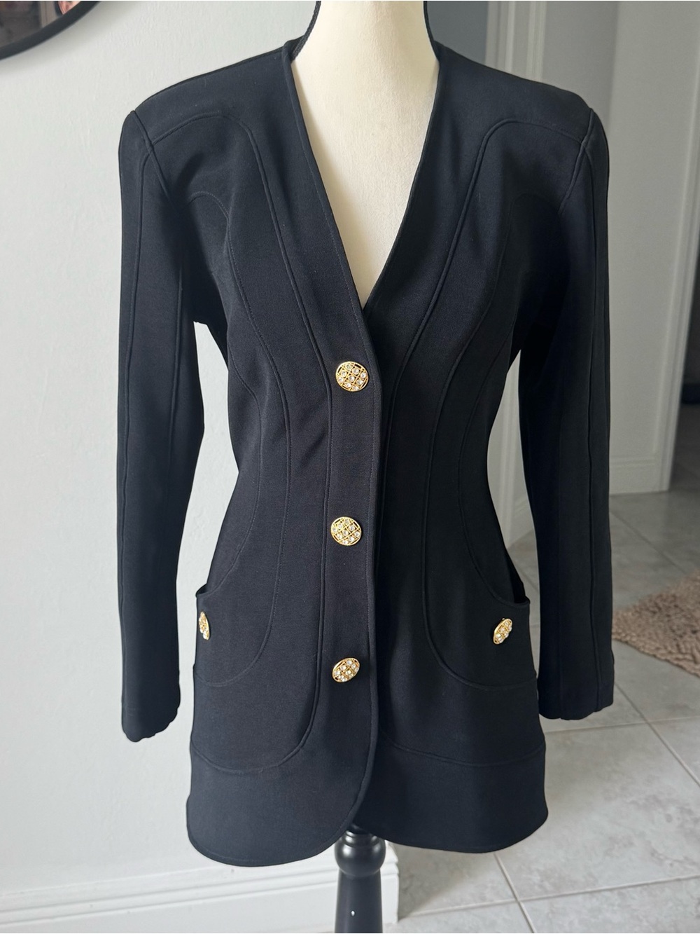 Black Women's Tailored Button-Up Jacket with Gold Buttons